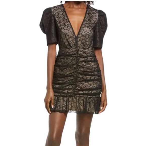 SAYLOR Dresses & Skirts - Saylor dress Reena ruched lace mini black nude Small S